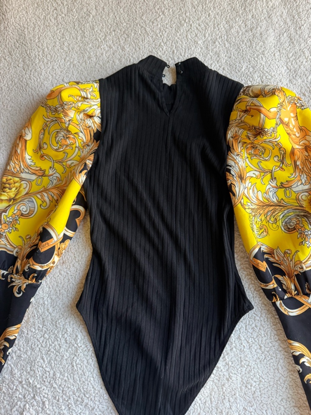 AKIRA Black Ribbed Bodysuit with Yellow Baroque Puff Sleeves - Picture 3 of 7